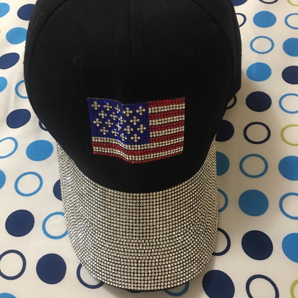 Black Cap with Rhinestone American Flag